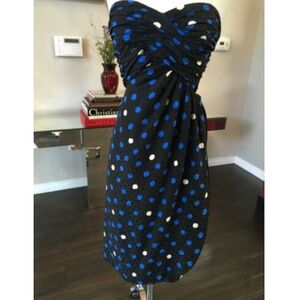 Adolfo Black Blue Polka Dot 1980s Silk Strapless Dress